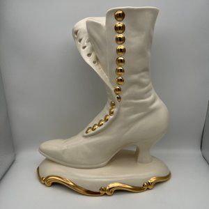 Vintage Victorian Boot Ceramic Vase - Ivory with Gold Accents
